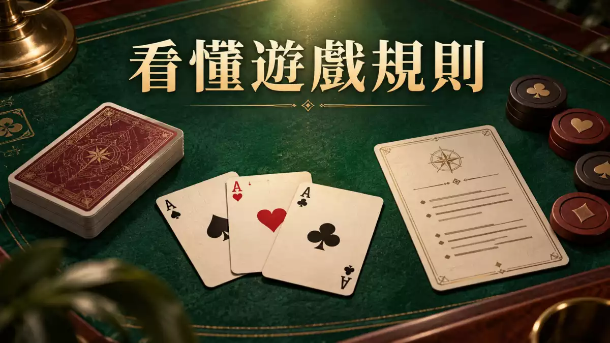 遊戲規則主題插圖：撲克牌、綠色牌桌與規則卡