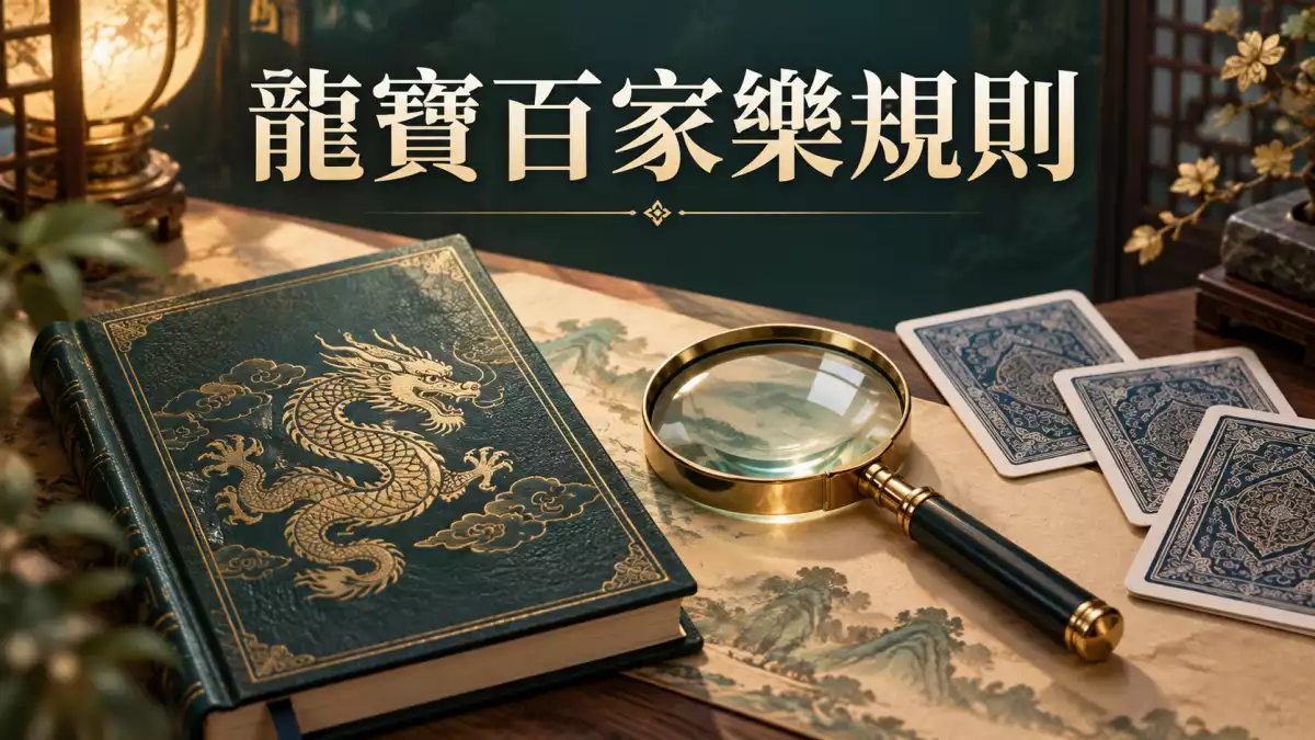 龍寶百家樂規則閱讀示意:龍紋書本、放大鏡與牌背