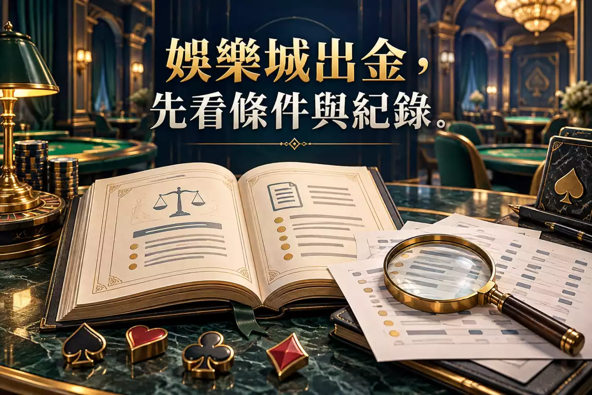 娛樂城出金資訊插圖:規則書、交易文件與放大鏡