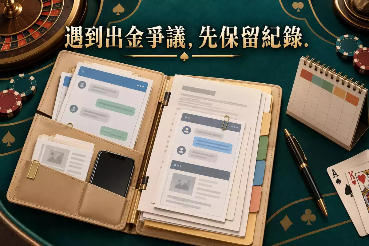 出金爭議紀錄保存插圖:資料夾、客服對話、文件、手機與日曆