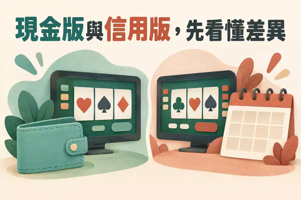 現金版與信用版概念插圖:遊戲螢幕分別搭配錢包與結算日曆
