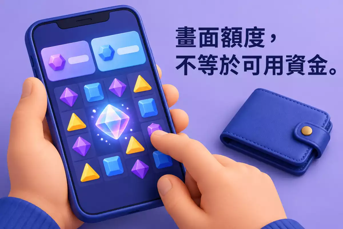 遊戲額度與資金觀念插圖:手持手機遊戲畫面與獨立放置的錢包