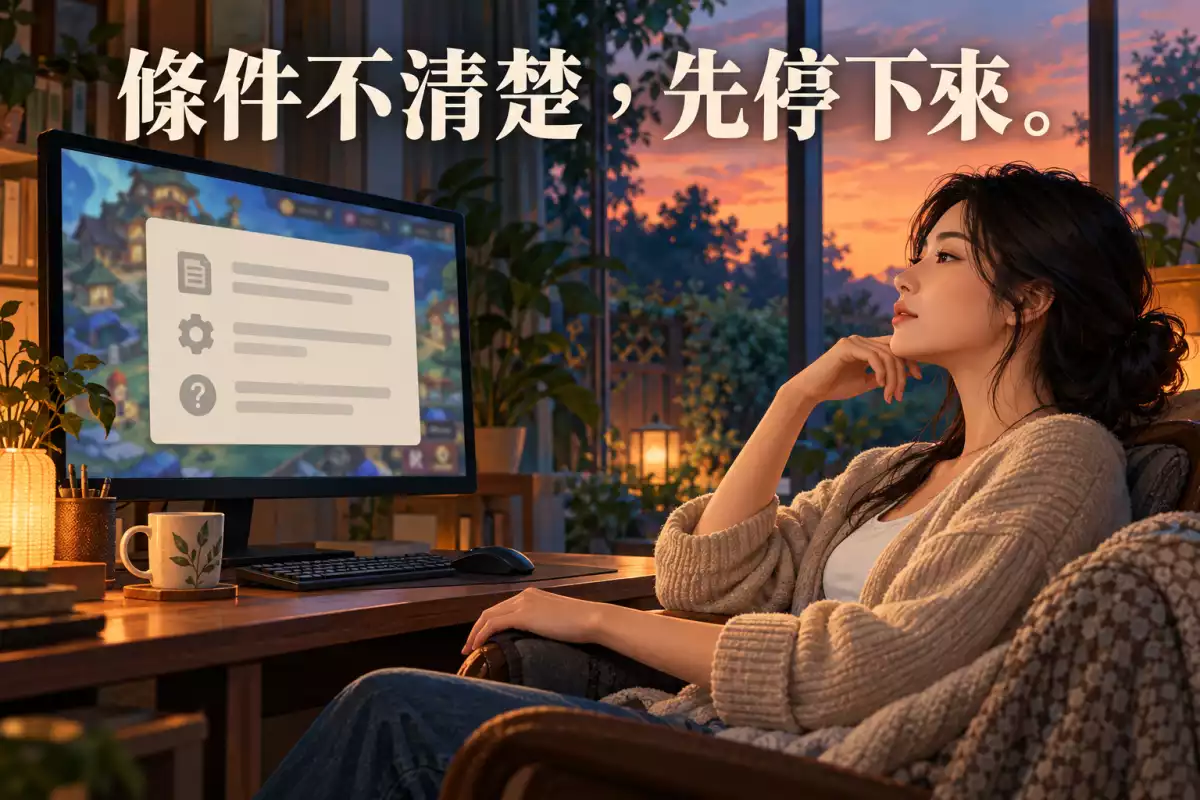 遊戲條件查核情境插圖:讀者暫停操作,查看電腦上的條件說明