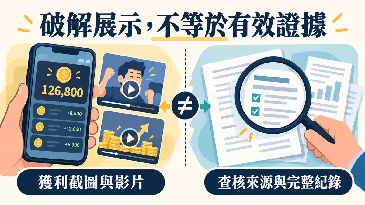 破解獲利截圖與影片不等於有效證據,仍需查核來源與完整紀錄