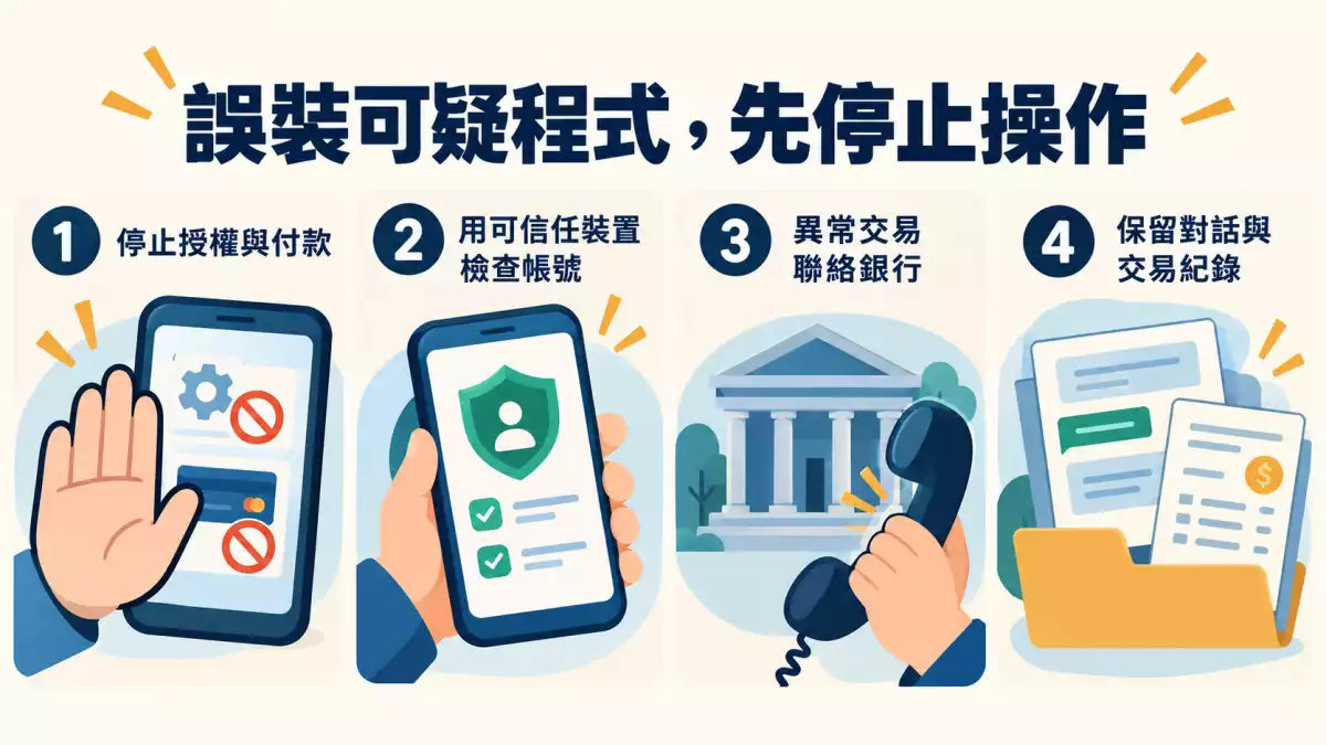 誤裝可疑程式後停止授權付款、檢查帳號、聯絡銀行並保留紀錄