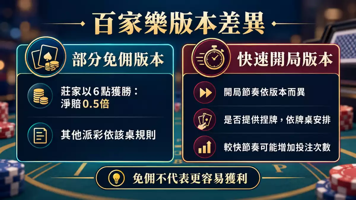 百家樂部分免佣版本與快速開局版本的規則差異